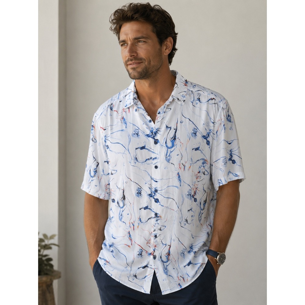 Robert Graham Mens 2XLT Abstract Marble Print Short Sleeve Button Down